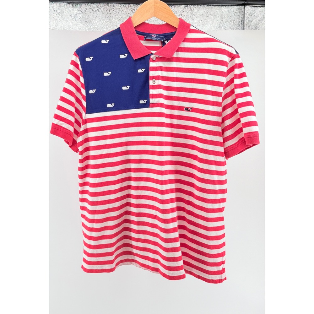 Vineyard Vines Mens XL American Flag Whale Polo Shirt Red White Blue Striped